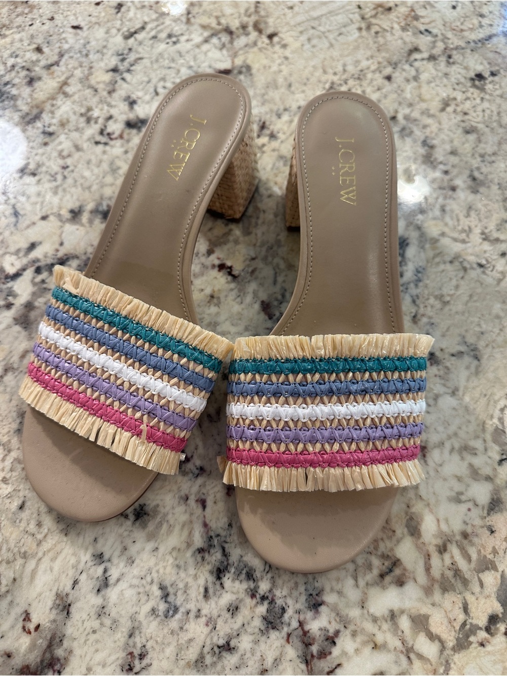 J. Crew Raffia-Trim Beige Slide Mules with Multicolor Stripes
